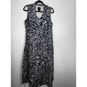Nic + Zoe High Low Linen Dress Blue White Abstract Pullover Sleeveless  Sz M